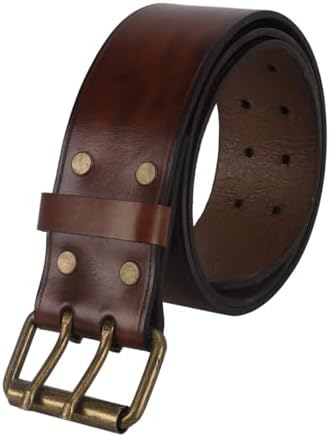 TOURBON Vintage Brown Leather Belt 32-47 inch for Men, 2 inch Wide Work Waist Belt with Double Prong