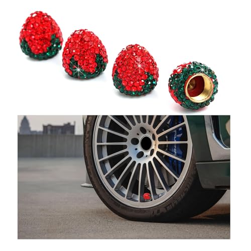 4 PCS Strawberry Car Tire Valve Stem Caps, Bling Rhinestone Wheel Valve Covers Dustproof Air Caps, Crystal Handmade Tire Stem Covers for Most Cars Trucks Motorcycles Red
