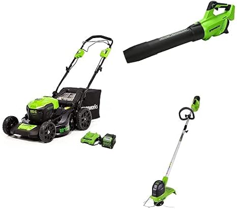 Greenworks 40V 21" Brushless Cordless Self-Propelled Electric Lawn Mower, Brushless Leaf Blower (130 MPH / 550 CFM), String Trimmer, 5.0Ah Battery and Charger