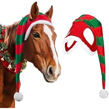 R HORSE Christmas Horse Costume Santa Hat, Red Green Christmas Costume Accessories for Horse Santa Cap with Fleece Trims Slip-On Xmas Parade Supplies Holiday Photo Props Decor