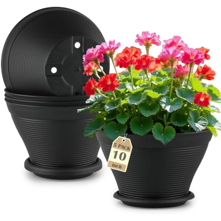 RooTrimmer 5 Pack 10 Inch Plant Pots with Saucers, Plastic Flower Pots with Drainage Holes, Large Planters for Indoor Outdoor Garden, House Plants, Flowers, Herbs, Gardening Gifts, Black