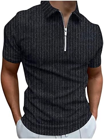 Mens Classic Short Sleeve Polo Shirt Zip Up Casual Summer Slim Fit T-Shirts Striped Graphic Printed Tops Beach Tees F-Black