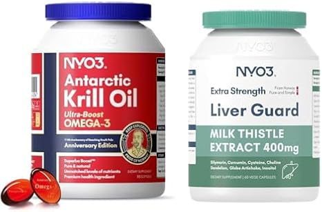 Krill Oil Omega 3 Supplement 1000mg and Milk Thistle Liver Detox Supplement 400mg, 2 Pack