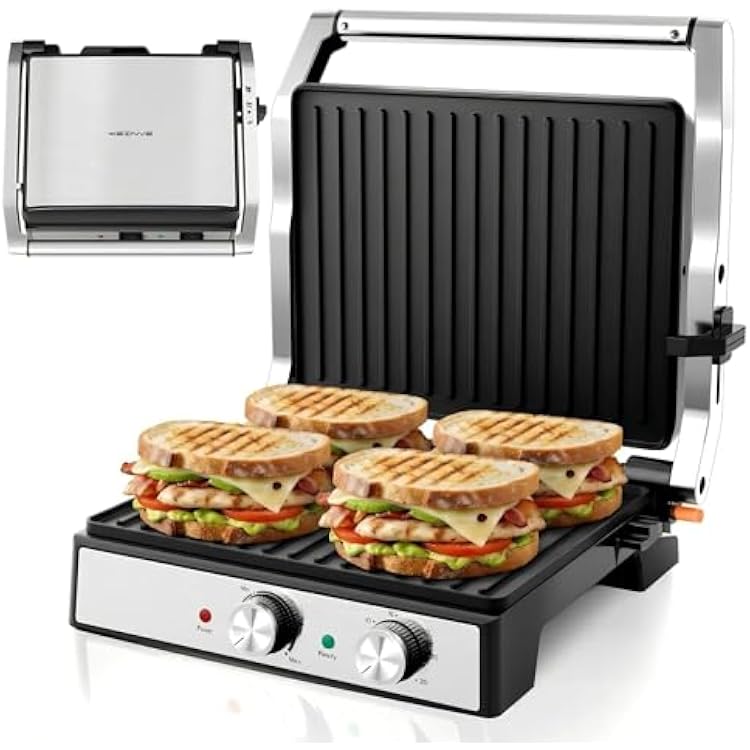 KEINVE 1700Watt Panini Press, Sandwich Maker with Temp & Time Setting, 4 Slice Large Non-Stick Versatile Grill Press, Opens 180 Degrees to Fit Steak, Fish, Vegetable and More