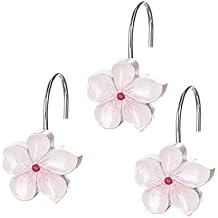Creative Scents Vanda Cherry Blossom Shower Curtain Hooks Decorative Set of 12 Flower Shower Curtain Rings for Curtain - White and Pink Shower Hooks Bathroom Accessories Decor