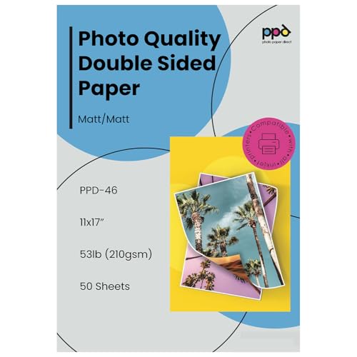 PPD Double Sided Photo Paper, Matte Brochure Paper 11 x 17 for Inkjet Printer, 210 gsm, 9 mil Tabloid Size for Magazine, Flyer, Presentation, Program, Instant Dry & Water Resistant 50 Sheets