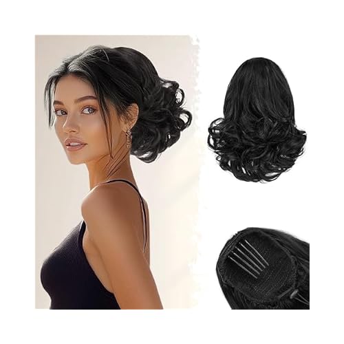 BARSDAR Drawstring Ponytail Extension - 10 Inch Short Wavy Black Ponytail Hair Extensions for Women - Synthetic Comb Clip in Ponytail Hairpieces Fake Pony Tails - Natural Black