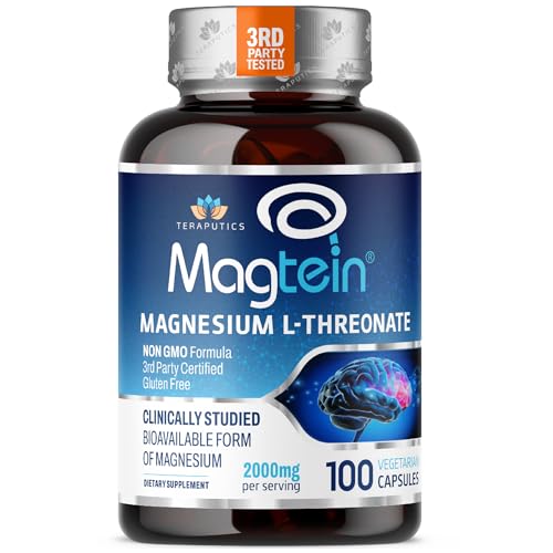 Magnesium L Threonate, Magtein™, Brain Supplement for Memory, Focus, Sleep and Cognitive Support, High Absorption Magnesium L-Threonate, Non-GMO, No Laxative Effect – 2000 mg, 100 Vegan Capsules