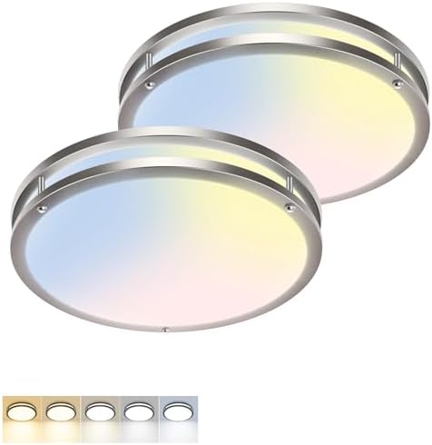 zemty 2Pack 13Inch Brushed Nickel LED Flush Mount Ceiling Lights, Dimmable 3000K-6500K, 24W 2400LM Damp-Rated Stainless Steel Light Fixture for Kitchen Bathroom Bedroom Closet Laundry