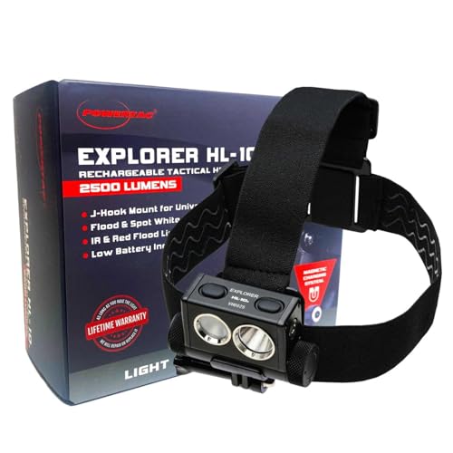 PowerTac HL-10 Explorer Rechargeable LED Headlamp - 2500 Lumens, Adjustable, Portable, Black