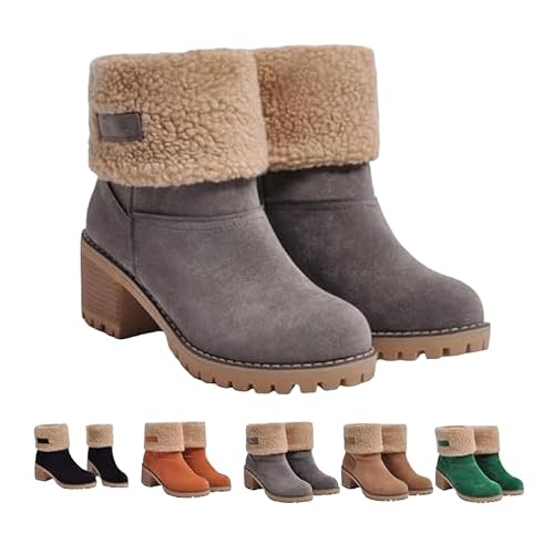 Womens Winter Snow Warm Fleece Boots - Chunky Mid Heel Ankle Short Booties