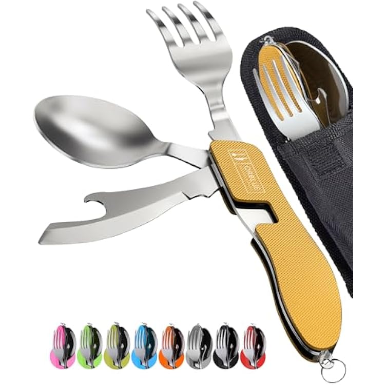 Orblue 4-in-1 Camping Eating Utensils, 2-Pack - Portable Spoon, Fork, Knife & Bottle Opener Combo Set - Stainless Steel Flatware with Detachable Fork - Travel, Backpacking Cutlery Multitool, Yellow