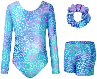 JiAmy Leotards for Girls Gymnastics, Long Sleeve Sparkly Dance Biketards with Shorts Ballet Tumbling Outfit for 3-12 Years