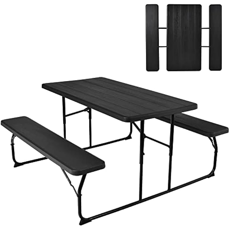 GYMAX Picnic Table, 550 LBS Folding Picnic Tables with Benches & Seats, Weather-Resistant Easy Setup Portable Picnic Table, Wood-Like Foldable Picnic Tables for Outdoors Patio Deck Party BBQ Black