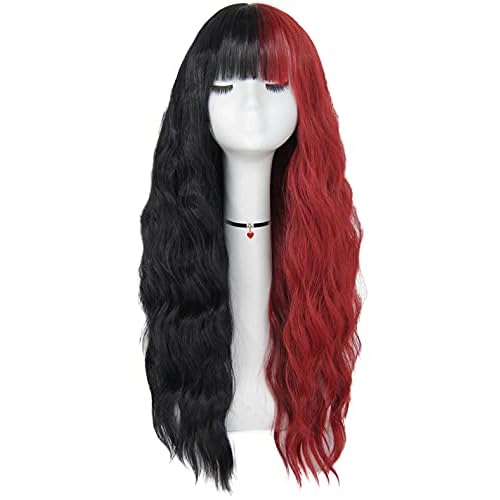 Mildiso Red and Black Wigs for Women 26 Long Curly Wavy Hair Wig with Bangs Natural Cute Synthetic Wig with Wig Cap for Party Halloween M062BKR