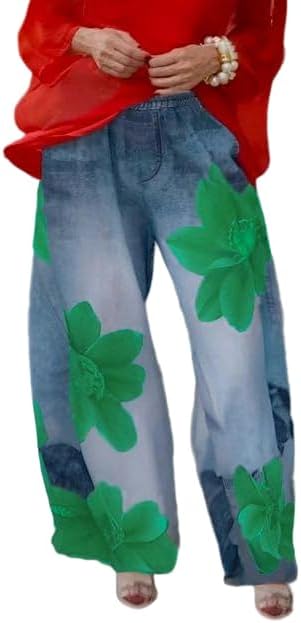 UOOZEE Womens Wide Leg Baggy Pants Floral Elastic High Waist Loose Boyfriends Trousers with Pockets