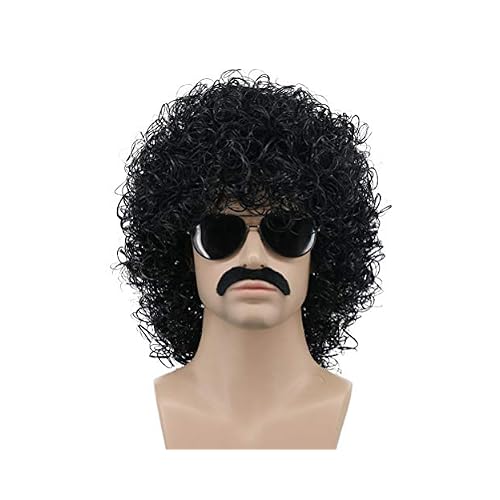karlery Mens Short Curly Black Mustache Beard Afro Wig California Rocker Disco Halloween Cosplay Anime Costume Party Wig Black