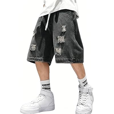 EMMIOL Baggy Jean Shorts Men, Y2k Jorts Cargo Ripped Elastic Waist, Mens Denim Shorts Comfy Casual Streetwear Summer