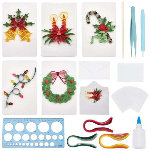 WEBEEDY DIY Christmas Paper Quilling Greeting Card Kit - 5 Styles Decorated Christmas Cards with Instructions for Beginners and Paper Art Lovers