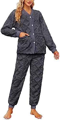 HEARTNICE Women Fuzzy Pajama Set Warm Fluffy Long Sleeve Sleepwear Plush Loungewear Thermal Nightwear with Pockets
