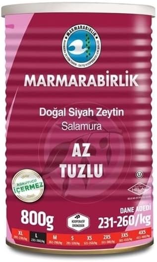Marmarabirlik Az Tuzlu Salamura Siyah Zeytin Teneke (L) 800 Gr