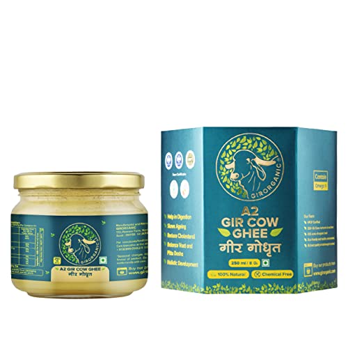 GirOrganic Grass Fed A2 Ghee| Clarified Butter 8 Oz - Unsalted Gir Cow Ghee Butter - Organic Ghee Oil - Pasture Raised, Lactose-Free 8 Oz
