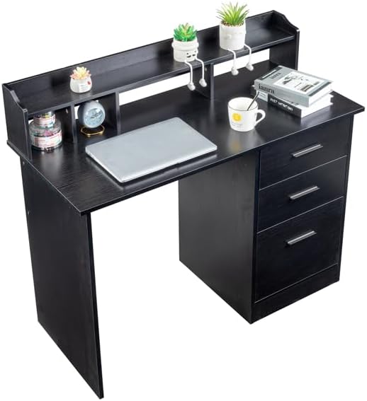 Black Desk with Drawers, Modern Home Office Computer Desk with Storage Drawers & Spacious Desktop, Compact Writing Study Desk Laptop Desk for Bedroom, Multipurpose Computer Workstation