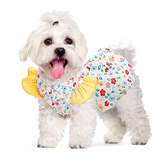 Small Dog Dress Summer Pet Dog Clothes for Small Dogs Cats Girl Cute Floral Puppy Harness Dresses with D Ring Pet Dogs Princess Birthday Dress Female Doggie Summer Outfits ApparelYellow,XL