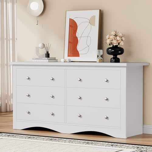 YESHOMY Dresser for Bedroom with 6 Drawers, Modern Chest of Drawers, Wooden Dressers, TV Stand for Living Room,Closet, Hallway White