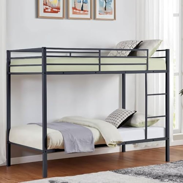 Metal Bunk Bed Twin Over Twin, Heavy-Duty Sturdy Frame with Built-in Ladder & High Safety Guardrail - Space-Saving Twin Size Bed for Kids, Teens, Adults - Easy Assembly, Black