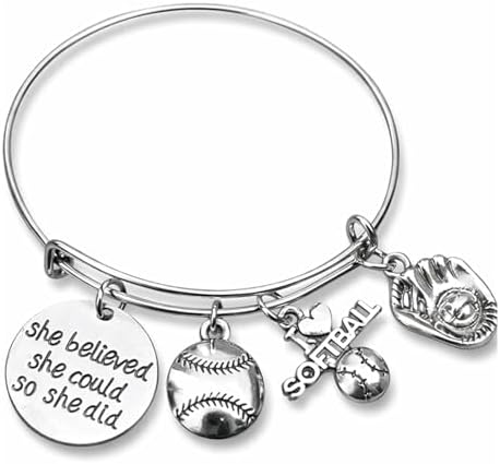 SportyBella Softball Bracelet - She Believed She Could So She Did Adjustable Bangle, Softball Jewelry, Birthday, Graduation Gifts for Teams, and Accessories