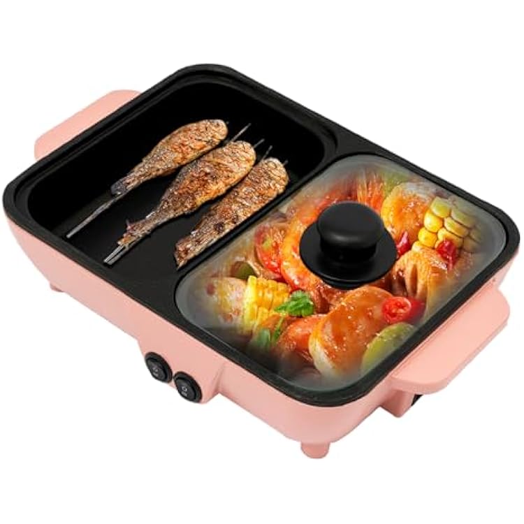 Hot Pot with Grill, Non-Stick Electric Hot Pot, 2in1 Electric Hot Pot and Frying Pan with Independent Temperature Control, Portable Multifunctional Smokeless Korean BBQ Grill Pink