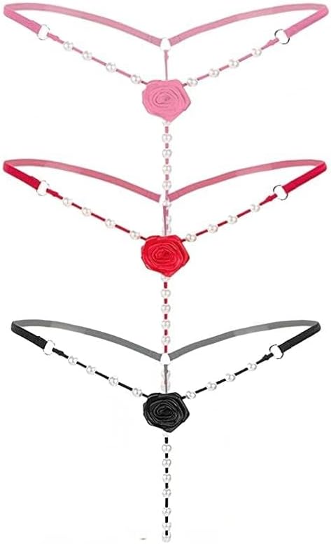 Women's Pearl T Back G String Embroidery Rose Flowers Beaded Thong Panty Underwear Sexy Micro Underpant Christmas