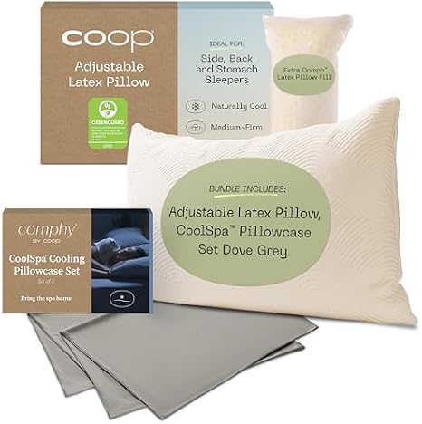 Coop Sleep Goods Adjustable Latex Pillow & Cool+ Cooling Pillowcase Set Dove Grey King Bundle