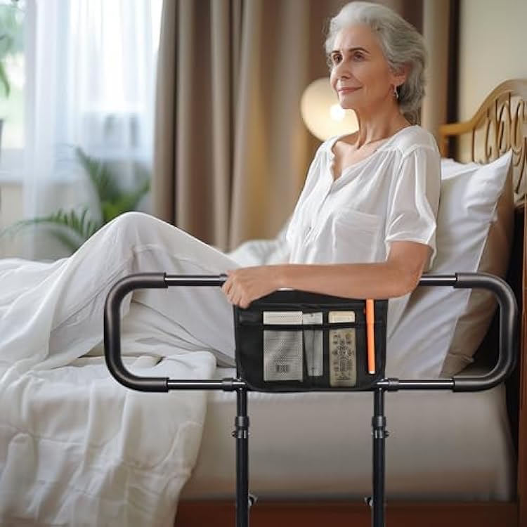 AOHHL Bed Rails for Elderly Adults Safety with Adjustable Heights Storage Pocket Assist Support Side Railings for Seniors Citizens Slides Under Mattressbed Cane Bed Guard Bed Handles Bars Black