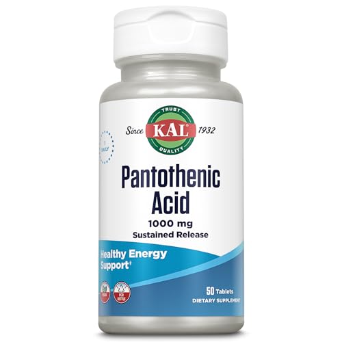 KAL Pantothenic Acid 1000mg, Sustained Release Vitamin B5 - Energy Supplements - Supports Metabolism of Carbs, Fat and Protein, Hair and Skin Health, Vegan, 50 Servings, 50 Tablets