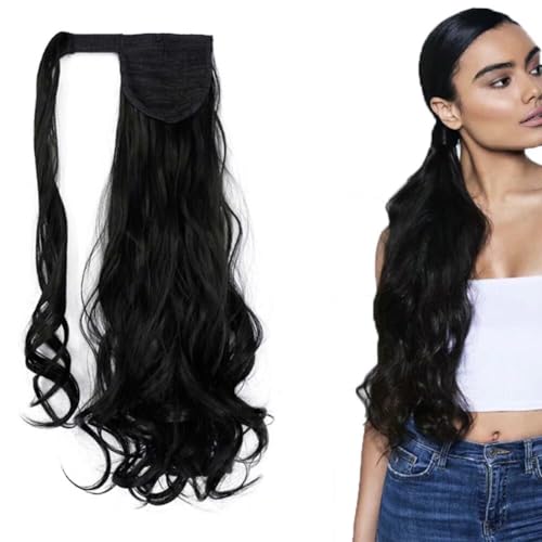 iLUU 18 Inch Curly Wavy Ponytail Extension 100g Heat Resistent Friendly Fiber Synthetic Wrap Around Ponytail Natural Black Color Magic Paste Ponytail Clip in Hairpiece Ponytail Extensions 2#