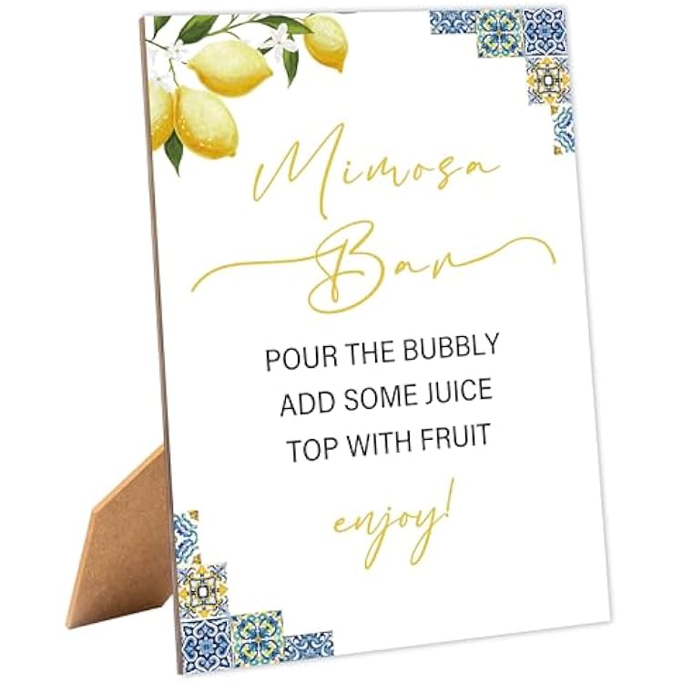 Blue Tiles and Lemons Bridal Shower Mimosa Bar Sign, Table Decor Bridal Shower Sign, Pack of 1 Wooden Tabletop Sign with Stand, Bridal Shower Decorations, Wedding Shower Supplies - XG07AB