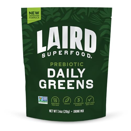 Laird Superfood Prebiotic Daily Greens Powder Essential Vitamins & Minerals - Prebiotic Fiber, Adaptogen and Fruits & Vegetables Supports Gut Health Non-GMO, Vegan - 7.4 oz Bag, Pack of 1