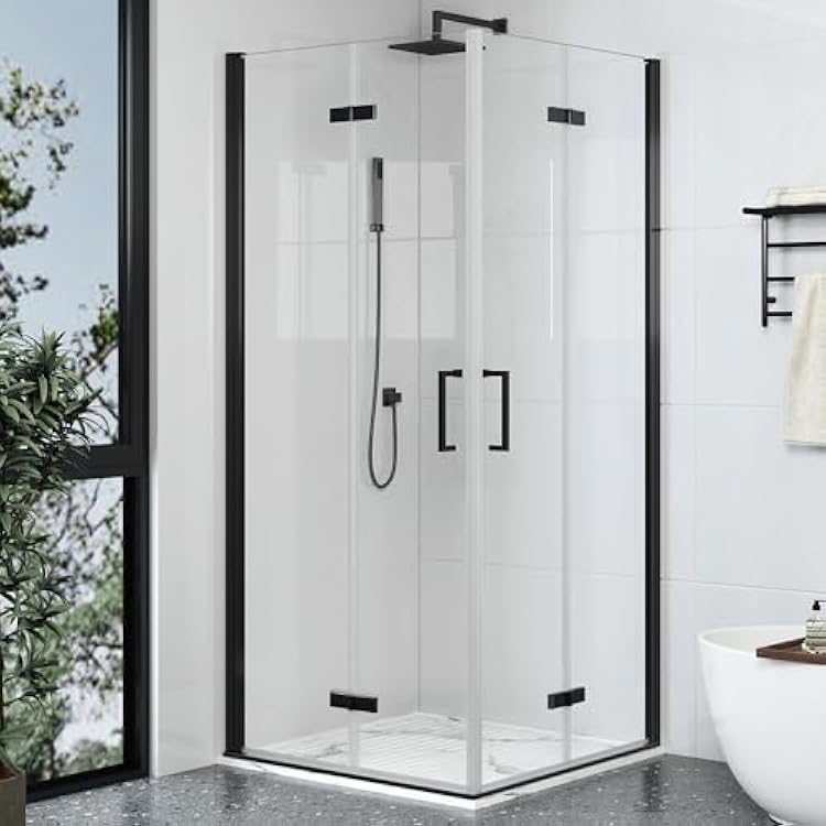 Corner Shower Enclosure Kit 34 D 34 W 72 H, Double Sliding Corner Shower Door Stall with 14 Clear Corner Shower Glass Door, Tempered Frameless Glass, Matte Black, Base Not Included