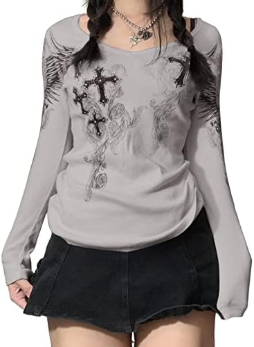 Women Y2k Fairy Grunge Shirts Vintage Graphic Print Long Sleeve Crewneck Tops 90s E-Girl Aesthetic Tees Fall Streetwear