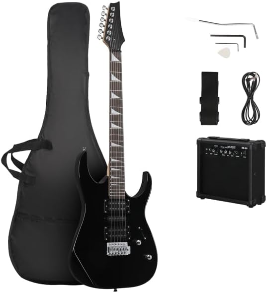 39" Full Size Electric Guitar Starter Kit with 20W Amplifier, Guitar Bag, Cable, Strap, Pick, Tremolo Bar, HSH Pickups Electric Guitars, Perfect Beginner Electric Guitar Set (Black)