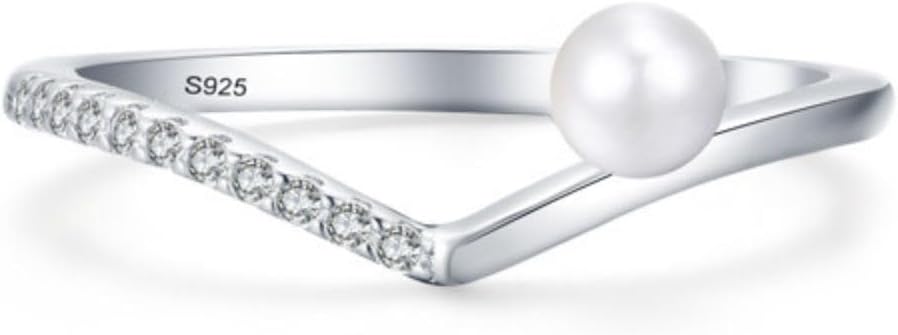 S925 Sterling Silver Ring V-shape Pearl Ring Zircon Ring for Women Size 6-9