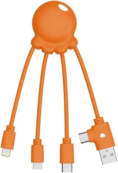 Xoopar 4-in-1 Multi USB Octopus Cable Universal Charger with USB-C, Lightning & Micro USB OBP Recycled Ocean Plastic Orange