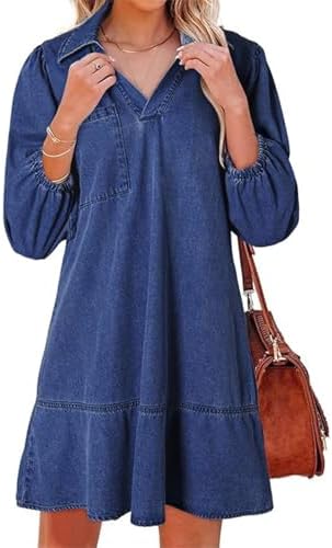 CHARTOU Women 34 Sleeve Ruffle Denim Dress Summer Collared V Neck Loose Shirt Jean Dress with Pockets