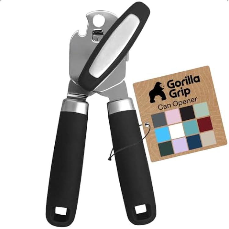 GORILLA GRIP Heavy Duty Stainless Steel Smooth Edge Manual Can Opener and Bottle Openers, US Designed, Comfortable Handle, Oversized Handheld Turn Knob, Multifunctional Kitchen Tool, Black