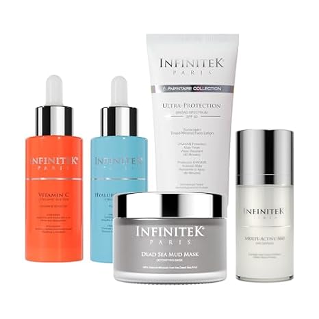 Infinitek Paris Facial Kit | Vitamin C Serum, Hyaluronic Acid Serum, Tinted Face Sunscreen SPF 50, Multi-Active 360 Eye Cream & Dead Sea Mud Mask | Complete Skincare Set