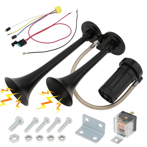 Train Horns for Truck, 12V 150dB Super Loud Dual Trumpet Air Horn Kit Truck Horns with Compressor for 12V Vehicles Trucks Pickup Trains Cars Boats, Black
