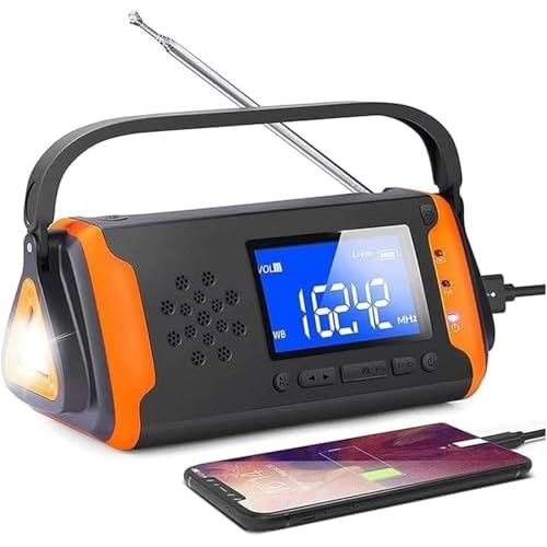 Emergency Weather AMFM NOAA Solar Powered Hand Crank Radio with SOS Alarm, Portable Outdoor and Family,4000mAh for Cell Phone and LED Flashlight,