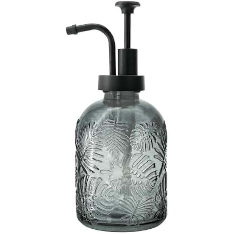 Glass Soap Dispenser with Pump, 12oz Vintage Tropical Leaf Pattern, Thickened Glass & Plastic, Farmhouse Bathroom or Kitchen Accessory Grey